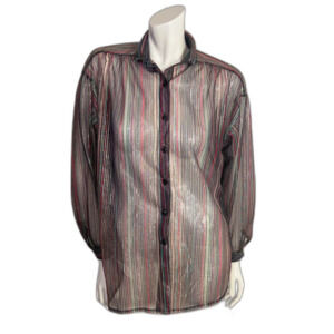 Vintage 1970s Jantzen Metallic Striped Button Down Shirt Sheer Disco Size 12